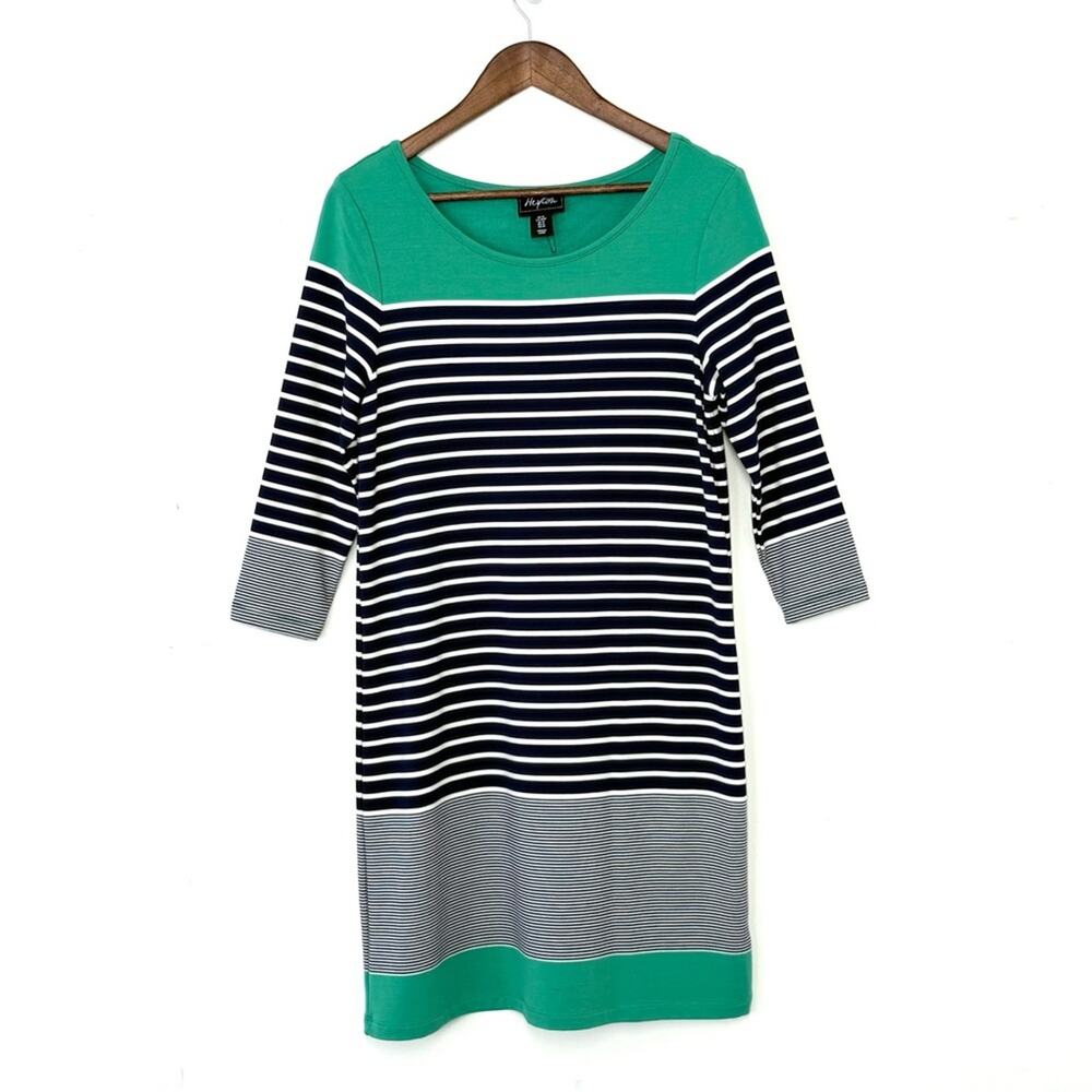 Heyton Striped Shift MIni Dress Women M Green Navy 3/4 Sleeve Modest Knit